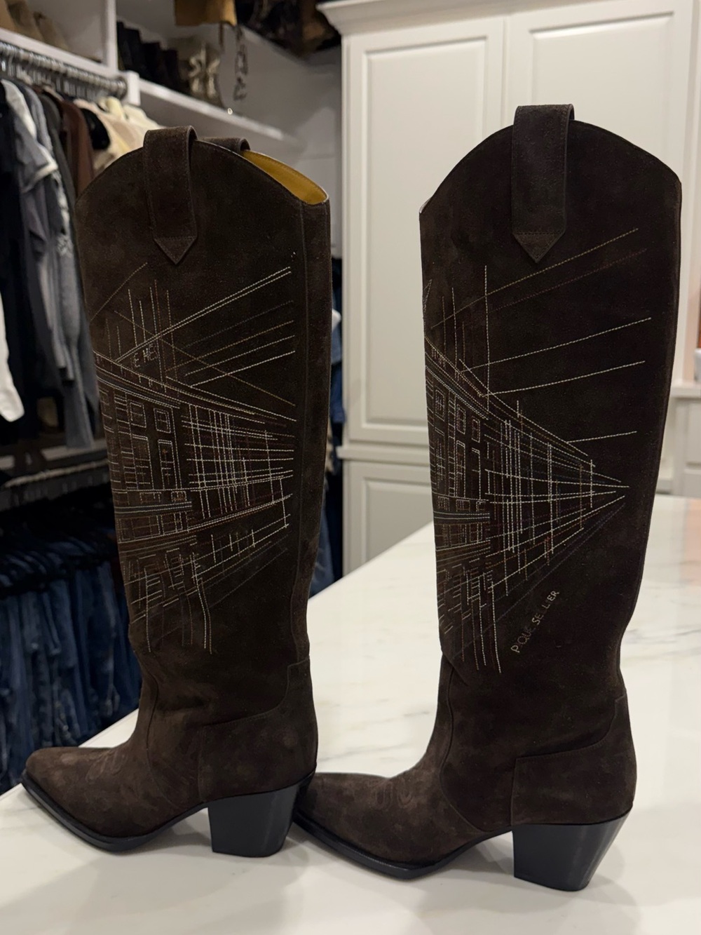 Hermes Brown Suede Cowboy Boots with Architectural Stitching - Picture 7 of 8